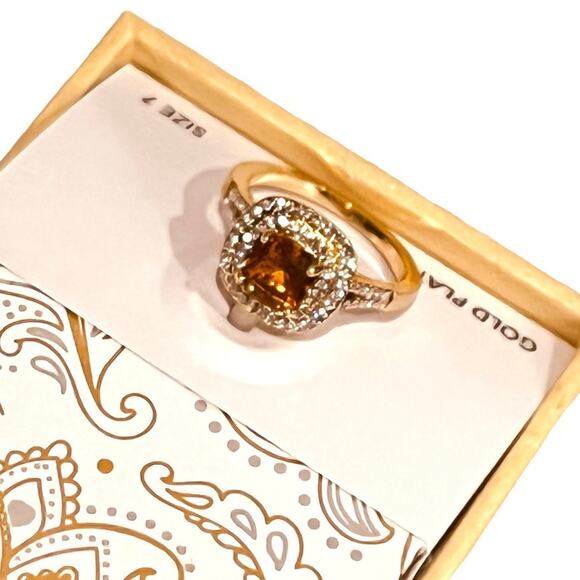 NEW Charter Club Gold Tone RING Size 7 Double Halo Cognac Crystal Macy’s Boxed - Picture 5 of 7